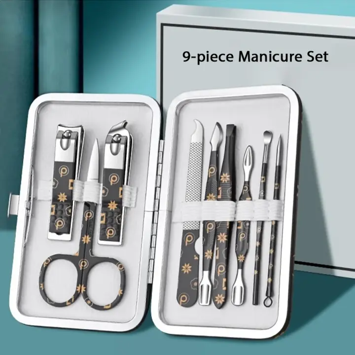 Kit de manicura profesional, cortaúñas de acero inoxidable con Estuche De Viaje de cuero marrón portátil, regalo de lujo, 9-19 Uds. - 1