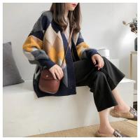 Cárdigans elegantes a cuadros para mujer, suéteres de gran tamaño con botones y manga abombada, Tops para invierno y primavera 2024 - details 6