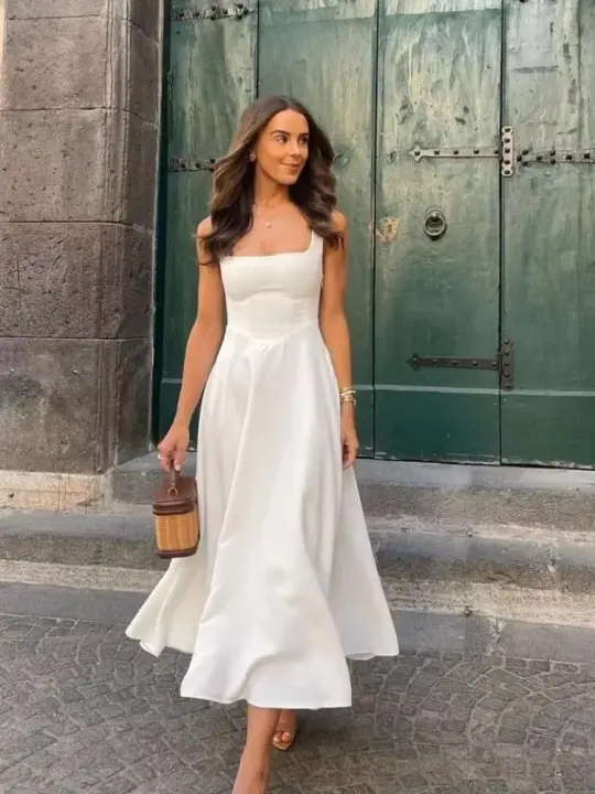 Vestido blanco elegante de cintura alta para mujer, vestidos A-e sin mangas con cuello cuadrado a la moda, ropa de calle para fiesta en la playa 2025 - 1