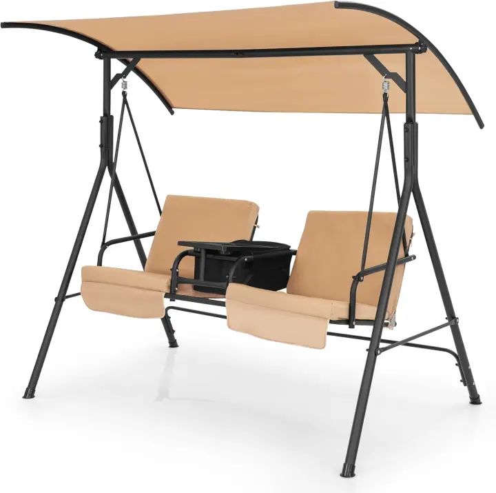 Balancin Jardin Exterior de 2 Personas, Bolsa Térmica, Columpio de Jardín con Toldo Ajustable y Cojines Extraíbles, Balancin de Jardin Balcón Patio, 181 x 124 x 161,5 cm (Marrón) - 1