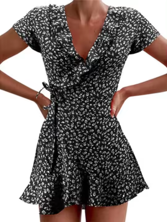 Minifalda elegante con cuello en V plisada floral para mujer, corte A, verano - 1
