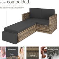 Sofá de Ratán con Taburete Reposapiés, Conjunto Jardín Sillón 2 Plazas, Mueble Jardín Exterior con Cojines Gruesos, Conjunto Terraza Resistente a la Intemperie y Estructura en Acero - Gris - details 19