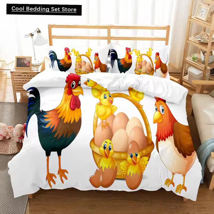 Juego de Ropa de Cama de Pollo Kawaii Funda de Edredón de Dibujos Animados de Rey y Reina - 1