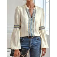 Camisa de manga larga con cuello en V y costuras Ence, oferta fresca, tops de mujer simples y baratos - details 3