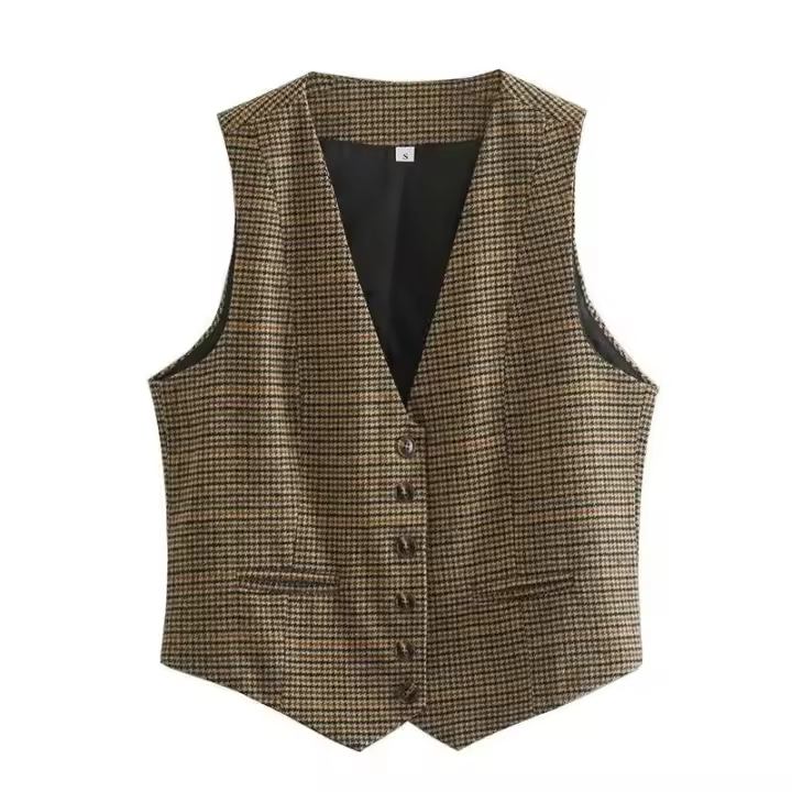 Willshela - Chaleco a cuadros con cuello en V para mujer, chaqueta de un solo botón, Tre elegante para mujer, top corto sin mangas - 1