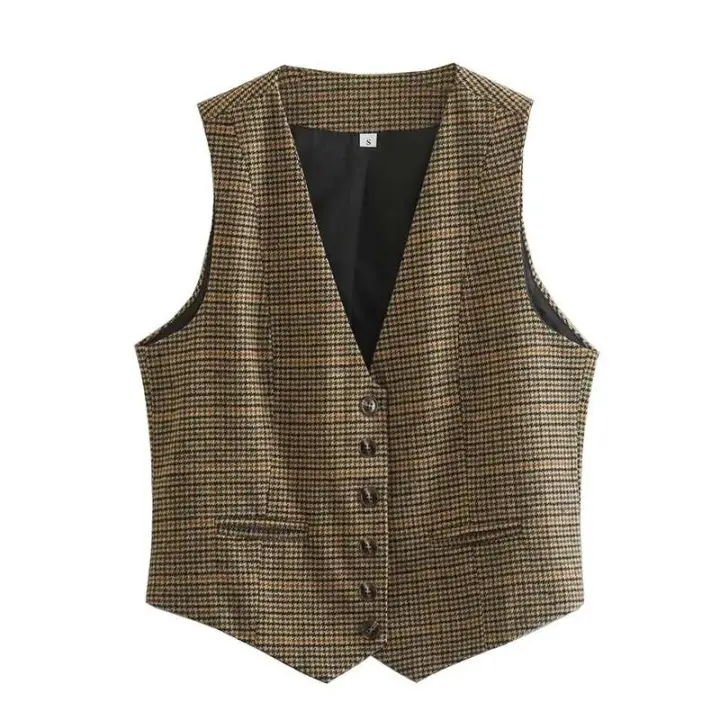 Willshela - Chaleco a cuadros con cuello en V para mujer, chaqueta de un solo botón, Tre elegante para mujer, top corto sin mangas - 1