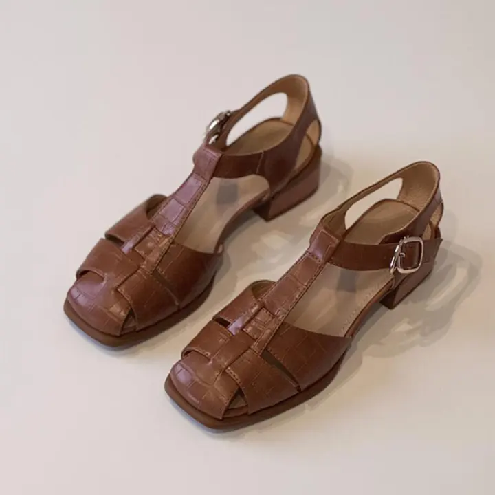 Sandalias de tacón grueso de cuero negro tejido vintage francés, huecas, transpirables, para verano y viajes diarios. - 1