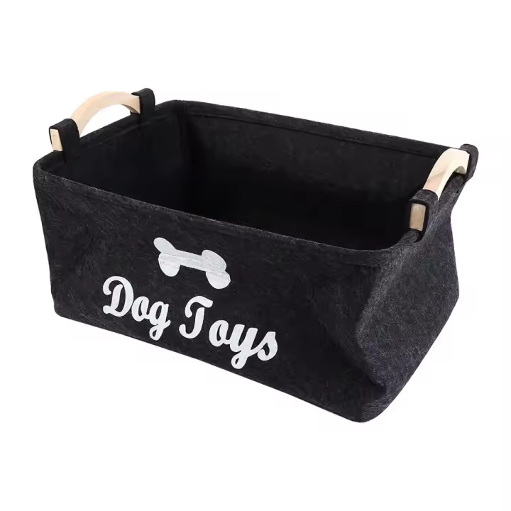 Cesta de almacenamiento de juguetes para perros de fieltro con asa, diseño de dibujos animados, contenedor de juguetes para mascotas, caja negra plegable, organizador de juguetes para gatos y cachorros - 1