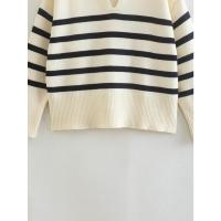 Jersey de punto a rayas para mujer, Jersey de manga larga con cuello en V, color Beige, Otoño e Invierno - details 5