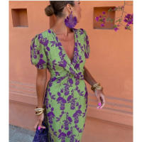 Falda de estampado plisado de moda femenina elegante vestido ajustado de cuello en V de manga corta - details 4