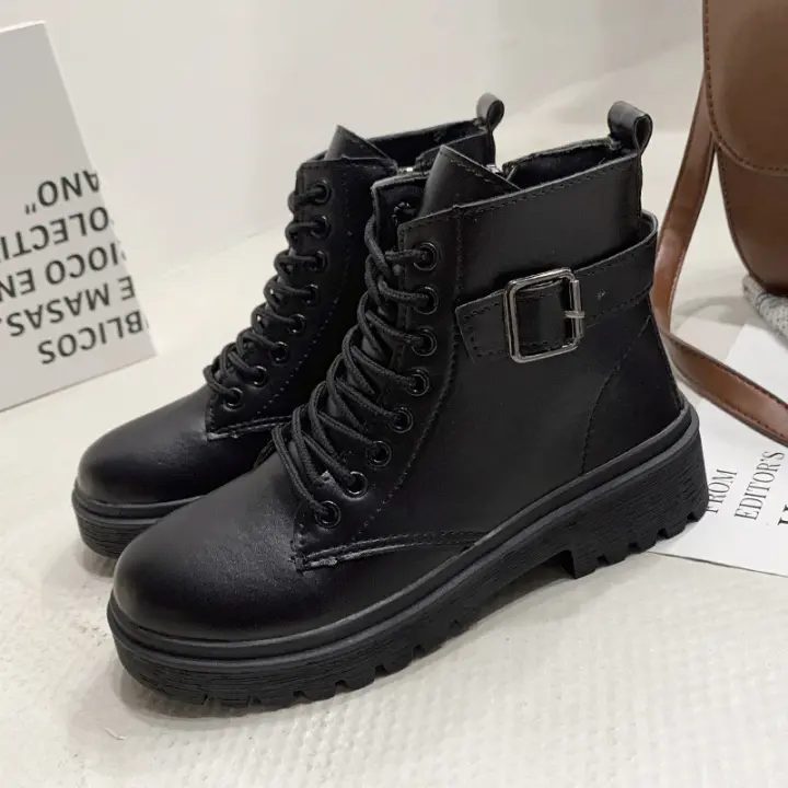 Botas casuales de moda tipo muffin para mujer, negras, con cordones y suela gruesa. - 1