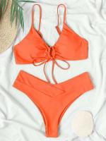 Nuevo conjunto de bikini de alta elasticidad verano 2025, sexy de dos piezas con cordones de color sólido para mujer, traje de baño de playa - details 20