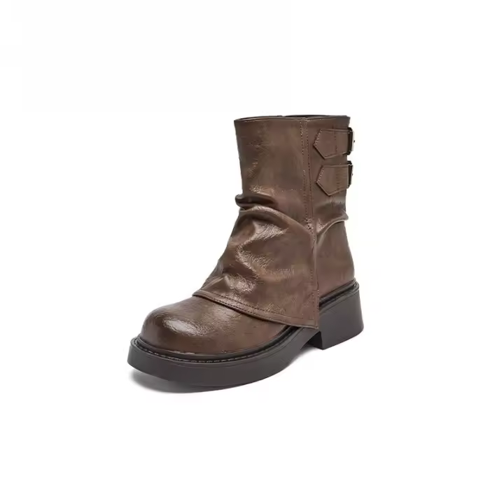 Botas cortas para mujer otoño-invierno 2025 Zapatos planos de tobillo plano a rayas marrones - 1