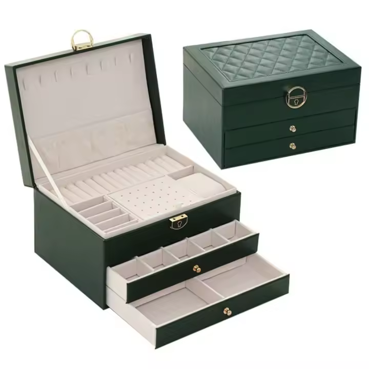 Joyero de cuero de doble capa, caja de embalaje de joyería minimalista, caja de almacenamiento portátil de alta capacidad, tipo Flip - 1