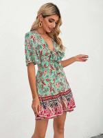 Falda Mini Casual con Estampado Elegante Corte A-Línea, Tirante Grande, Cintura de Encaje Bohemio, Mangas Abullonadas, Venta de Liquidación Asequible - details 2