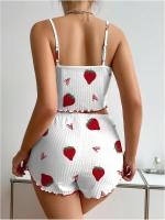 Conjunto estampado de amor de fresa europeo y americano, conjunto de pantalones cortos con tirantes para mujer, conjunto de dos piezas, dulce y lindo - details 2