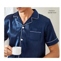 Conjunto De Pijama Para Hombres Verano Cómodo Casual Camisa Corta Con Shorts Dos Piezas Ropa De Dormir Estilo Básico Material Poliéster Y Elástico - details 8