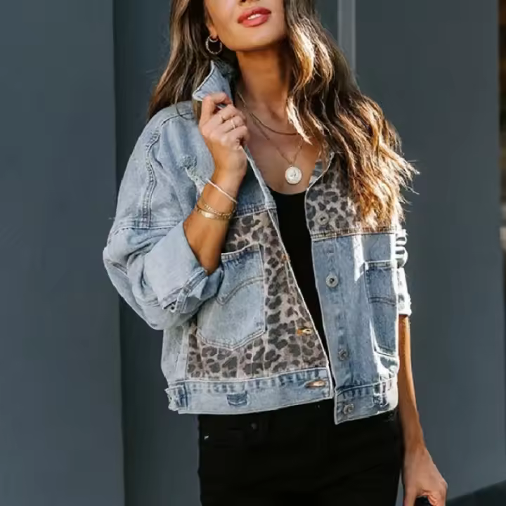 Chaqueta vaquera con estampado de leopardo, chaqueta de mujer, chaqueta de moda de manga larga, solapa con botones y bolsillo en el pecho - 1