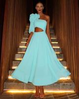 Maxi apliques con hombros descubiertos, cintura de una sola manga, vestido midi de boda de noche para mujer grande - details 8