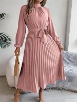 Vestido plisado elegante con cuello levantado y manga larga y cintura cerrada para mujer, vestido largo de Otoño Invierno - details 41