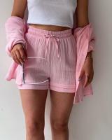 Conjunto de dos piezas para mujer, camisa de manga larga con cuello vuelto de tela arrugada, pantalones cortos con cordón de cintura alta, moda informal de talla grande - details 39