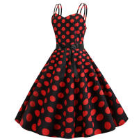Vestido midi retro de fiesta con estampado de lunares, tirantes finos y cinturón para mujer - details 41