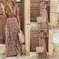 Vestido bohemio de verano para mujer, talla grande con abertura, traje elegante, manga corta, cinturón en la cintura, 2025 - details 1