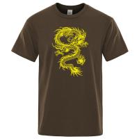 Camiseta holgada de algodón para hombre, ropa de calle de gran tamaño, transpirable, con estampado de dragón amarillo, estilo chino - details 9