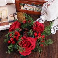 Corona de vela navideña de flores artificiales, anillos de vela románticos de 30CM, suministros de fiesta de rosas rojas, corona de candelabro, decoración navideña - details 6