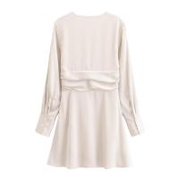 Mini vestido liso de satén de otoño para mujer, Vestidos informales de manga larga con cuello en V y cintura fruncida, Vestidos femeninos - details 7