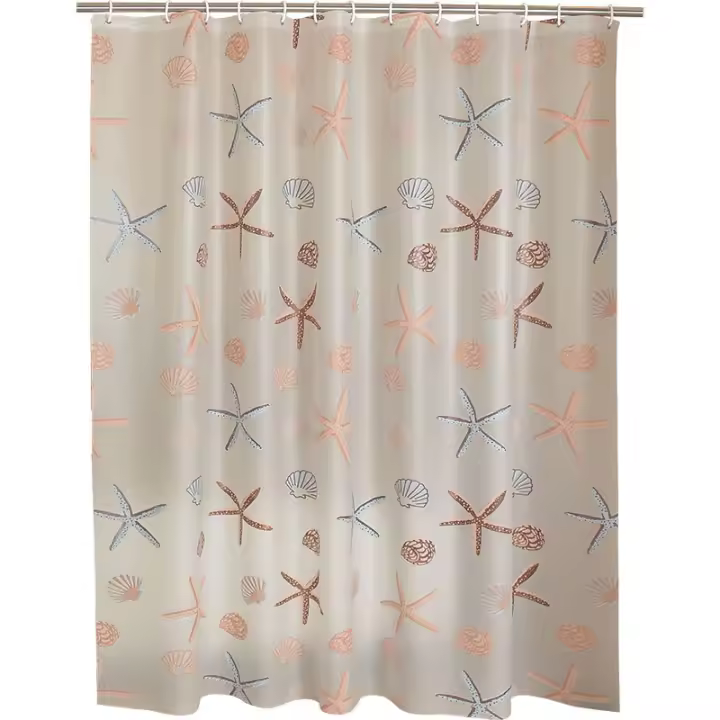 Cortina de ducha de PEVA con diseño de estrella de mar, accesorios de baño impermeables con ganchos, estilo costero - 1