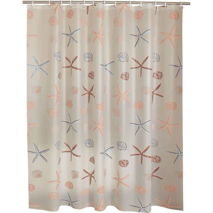 Cortina de ducha de PEVA con diseño de estrella de mar, accesorios de baño impermeables con ganchos, estilo costero - 1