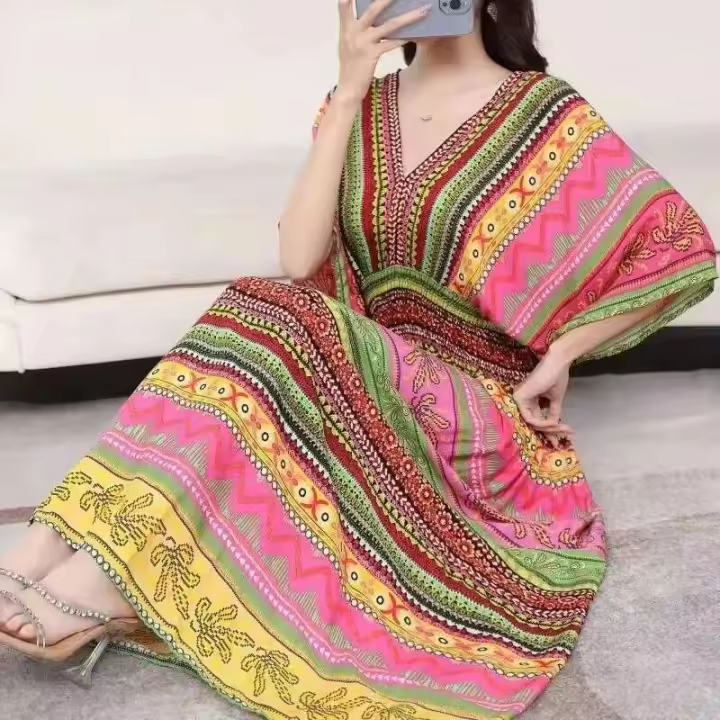 Casual bohemio estilo nacional con cuello en V cintura elástica gran Swing impreso verano Falda larga mujer vestido ropa - 1