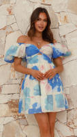 Vestido corto de manga abullonada con cuello en V para mujer, estampado, estilo de verano - details 3