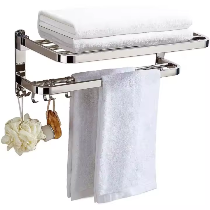 Booxihome Toallero, toallero de acero inoxidable con estante doble para toallas para baño, organizador de estante de ducha montado en la pared de 37 cm - 1