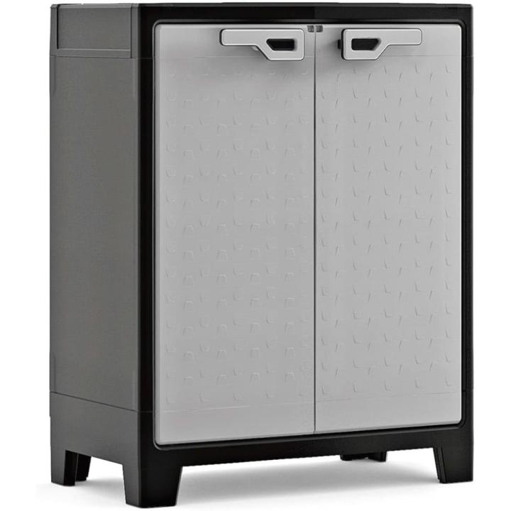 Armario Titan Bajo | Almacenamiento Interior y Exterior | Resina | Resistente al Agua con 2 Puertas y 2 Estantes Ajustables en Altura | Color Negro/Gris