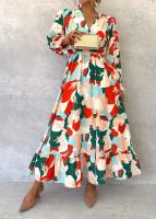 Vestidos estampados de Color para mujer primavera otoño nuevo cuello en V manga larga volantes vestido con abertura moda señora Vestidos de viaje - details 0