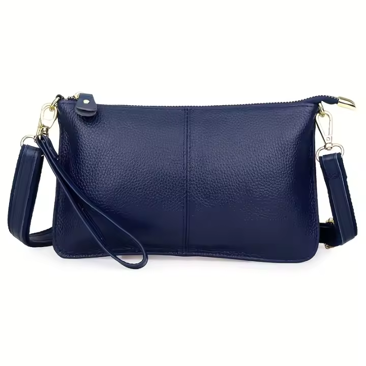 Bolso cruzado de cuero auténtico para mujer Cierre de cremallera, correa ajustable, estilo azul marino Accesorio casual perfecto para uso diario - 1