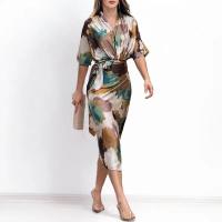 Vestido largo para mujer Informal de verano, para oficina, con manga y cuello en V, longitud de cintura con cinturón, vestidos de fiesta con abertura y lazo - details 2