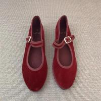 Zapatos de terciopelo para mujer, ropa de calle informal con puntadas a mano, bailarinas, zapatos de tacón de tela roja de Color sólido, mocasines - details 4