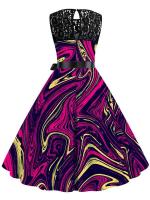 Vestido midi de fiesta elegante de verano con estampado floral, encaje, sin mangas, línea A y cinturón para mujer - details 12