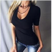 Camiseta lisa con cuello en V profundo para mujer, camiseta casual de manga corta para verano, ropa de verano para mujer, ropa de mujer para uso diario, camisetas para mujer, ropa de chica del centro, tops para salir - details 2