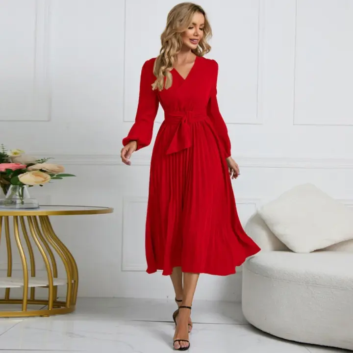Vestido Midi elegante de manga larga para mujer, vestidos de oficina para invitados de boda, fiesta con cinturón - 1