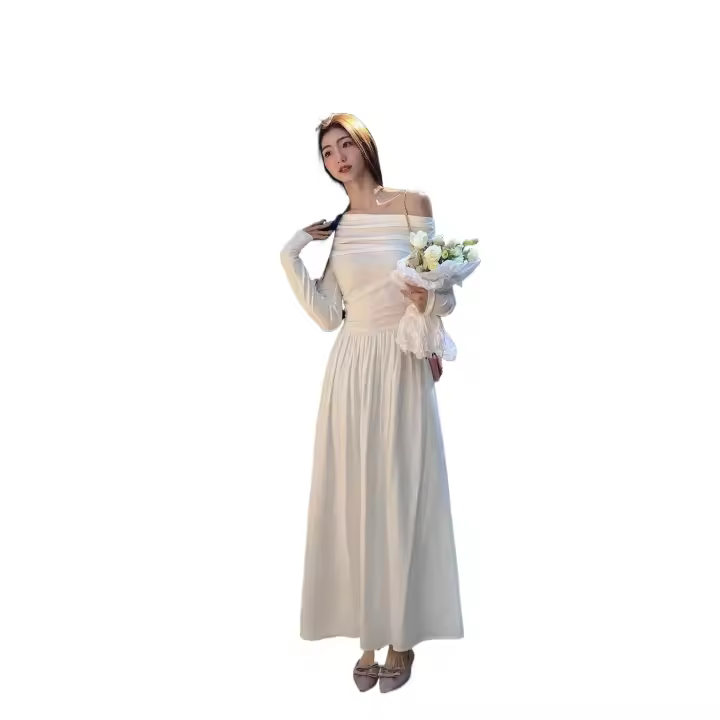 Nuevo vestido blanco de manga alta con un hombro para mujer en otoño, con cintura ceñida y falda larga - 1