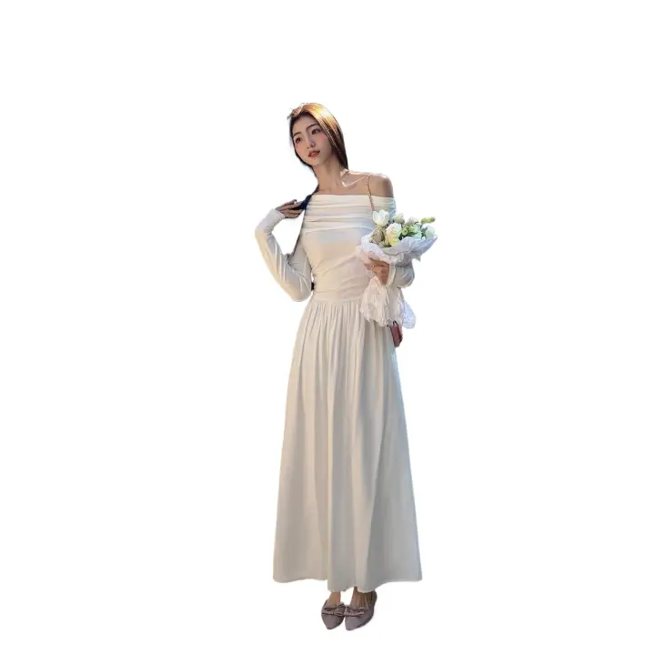 Nuevo vestido blanco de manga alta con un hombro para mujer en otoño, con cintura ceñida y falda larga - 1