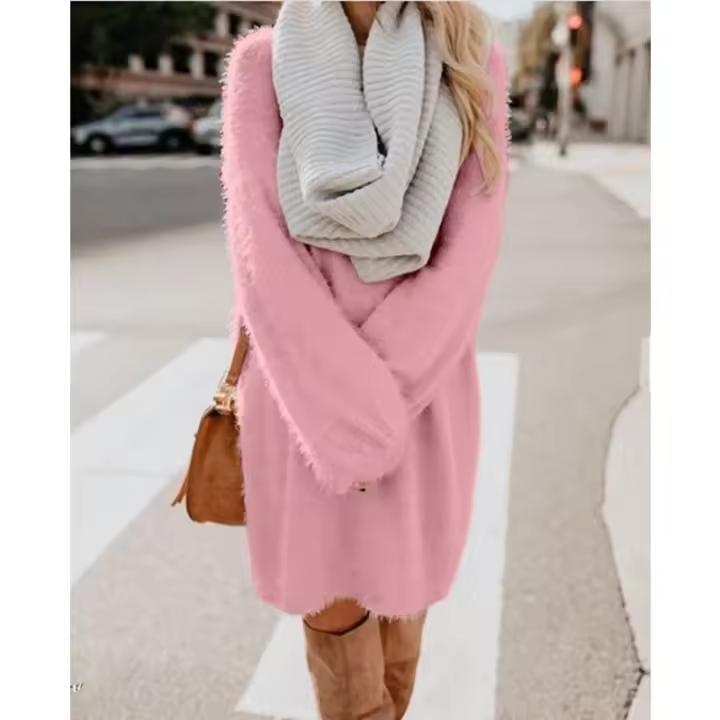 Vestido de felpa holgado de manga larga con cuello redondo y largo medio para mujer, otoño e invierno 2024 - 1