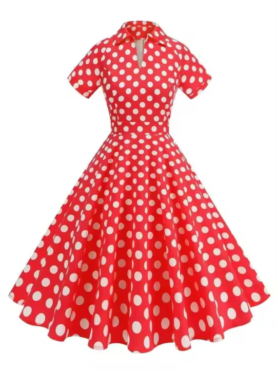 Vestido de Algodón con Estampado de Puntos Vintage Hepburn Cuello de Fleca Corto para Mujeres - 1