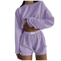Conjunto de Pantalones Cortos Informales para Mujer Tops de Manga Larga con Cuello Redondo - details 12