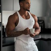 Chaleco para hombre, camiseta sin mangas con estampado deportivo para gimnasio, camiseta sin mangas elástica transpirable de secado rápido de tela a rayas - details 2