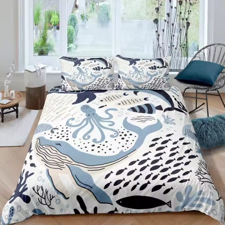 Juego de Funda de Edredón de Pulpo de Dibujos Animados Cubierta de Comforter de Poliéster para Niños Tamaño de Cama Marino - 1